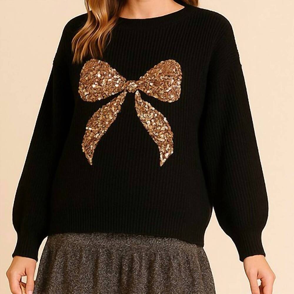 NEW TIMING tessa sequin bow sweater in black